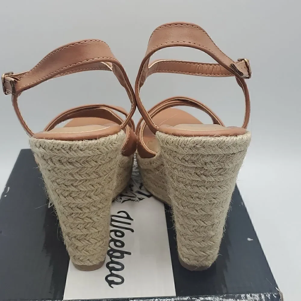 Weeboo Tan Mid High Heel Wedge Strappy Buckle Espadrille Sandals Size 7.5